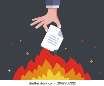 hand sets fire to an important document. destroy information forever. flat vector illustration.