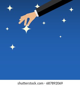 The hand sets the star against the background of the night sky. Flat design, vector illustration, vector.