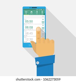 Hand setting alarm to smartphone vector flat design.
