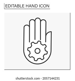  Hand with setting sign line icon. Fix the problem. Hand concept. Isolated vector illustration. Editable stroke