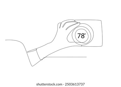 Hand setting smart thermostat. Smart home devices concept one-line drawing