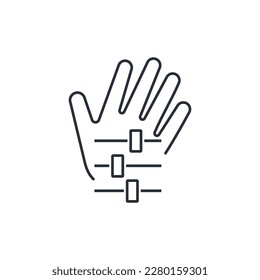Hand and settings panel. Manual control, interaction. Mobile coordination.  Vector linear icon isolated on white background.