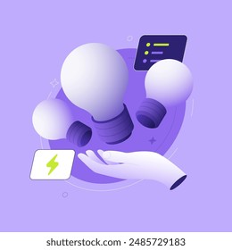 Hand with several lightbulbs on purple background. Ideas linear illustration concept. Sharing alternative solutions for business cartoon scene. Insights metaphor abstract flat vector graphic