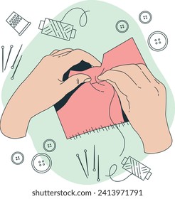 A hand sewing fabric with sewing tools around it. Hand craft by outline illustration and comic