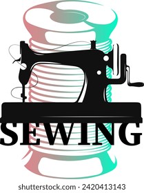 Hand sewing machine and spool of thread. Design for cutting and sewing