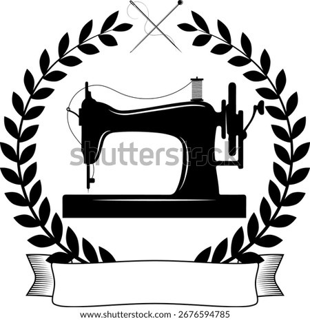 Hand sewing machine, wreath of leaves and ribbon. Coat of arms for sewing