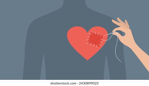 Hand sewing a patch on the heart of a male silhouette, flat vector illustration