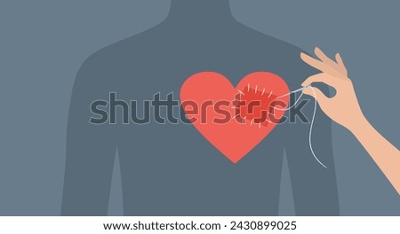 Hand sewing a patch on the heart of a male silhouette, flat vector illustration