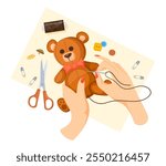 Hand sewing toy. Cartoon hands with needle making handicraft teddy bear, handmade plush doll for children needlecraft knitting embroidery hobby concept vector illustration original artwork