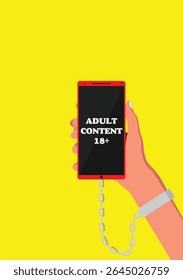 Uma mão amarrada por um smartphone com ilustração vetorial de conteúdo adulto. 