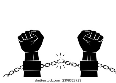 Mano con grilletes rotos cadena. El concepto de libertad y derechos humanos. Silueta negra de la ilustración vectorial.