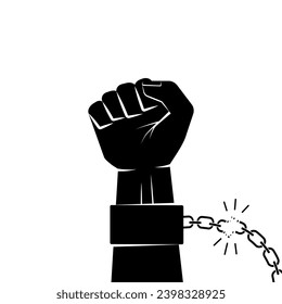 Hand in shackles broken chain. The concept of freedom and human rights. Vector graphic illustration black silhouette.