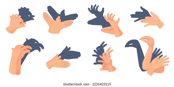 Hand shadow theatre. Animal shadows theater concept, theatrical gestures from finger human hands, antique puppet playing games light shade imagination ingenious vector illustration of puppet shadow