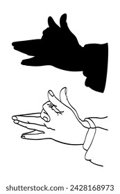 Hand shadow of a wolf. Shadowgraphy, ombromanie, or also called cinema in silhouette, the art of performing a show using images made by hand shadows, created by certain finger positions. Illustration.