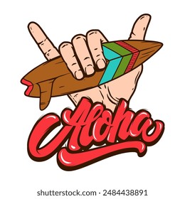 Mano con signo de shaka. ¡Aloha! Mano de surfistas con tabla de surf. Ilustración vectorial