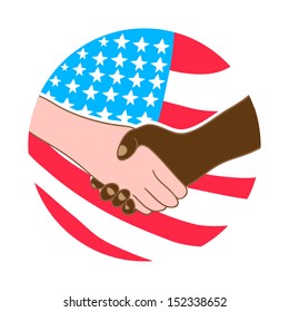 Hand shake between black and white man. Stop racism. American Flag