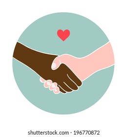 Hand shake between black and white man. Stop racism. 