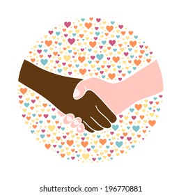 Hand shake between black and white man on background with hearts. Stop racism. 