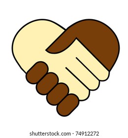 Hand shake between black and white man, heart shaped symbol