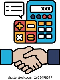 Un apretón de manos entre dos personas con una calculadora y una burbuja de discurso con el número XXXX. La calculadora es azul y la burbuja del habla es roja