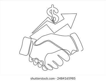 La mano sacude la moneda del negocio subiendo el Vector.Dollar signo handshake icono. Icono de Vector de enlace con signo de dólar de esquema.dibujo continuo de una línea. Ilustración vectorial