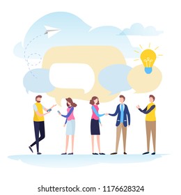 Hand shake of business people,  Recruitment, Human Resources, Speech bubble, message, chat, conversation, communication. Flat cartoon miniature  illustration vector graphic on white background.