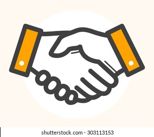 Hand shake, deal icon. Black outline drawing with orange color details.