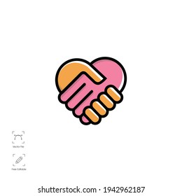 Hand shake icon shaped heart or love. symbol, helping hands, charity, together, care, solidarity feminine. flat design line style vector illustration isolated on white background.