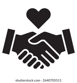 Hand shake with love icon. Charity and donation icon. Icon symbol of fund raising, humanity, philanthropy, compassion, help, love, care. Vector illustration