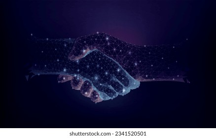 Hand shake. Partnership gesture. Partners communication technology. Digital and virtual business relationship. Trust and cooperation. Abstract polygons. Vector geometric exact concept