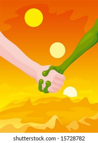 Hand shake of the person and the alien on a background of a landscape with the orange sky and three sun (vector)