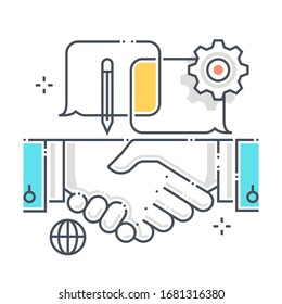 Hand shake related color line vector icon, illustration. The icon is about  business, hands, agreement, speech bubble. The composition is infinitely scalable.