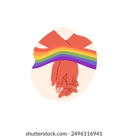 Hand shake, romantic homosexual couple hands holding with rainbow ribbon LGBT flag community vector flat illustration. Love and unity between transgender and gay or lesbian arm gesture emoji icon