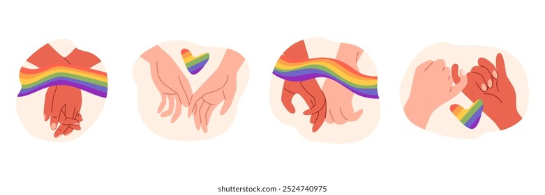 Hand schütteln, romantische homosexuelle paar Hände halten mit Regenbogen Band LGBT Flagge Gemeinschaft Vektor flache Illustrationen gesetzt. Liebe und Einheit zwischen Transgender und schwulen oder lesbischen Arm Geste Emoji Symbol