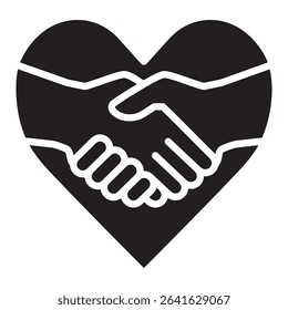 Hand shake in shape of love icon. Charity and donation icon. Icon symbol of fund raising, humanity, philanthropy, compassion, help, love, care. Vector illustration