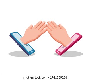 hand shake hand from smartphone symbol people forgive each other in social distancing and ramadan event using technology in cartoon flat illustration vector isolated in white background