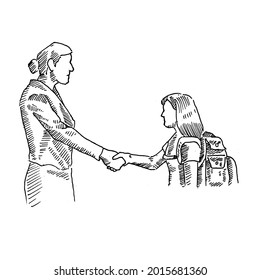 Hand shake	student shakes hands with her mother, going to school	Retro vintage sketch vector illustration. Engraving style. black isolated on white background. vector draw graphic design illustration