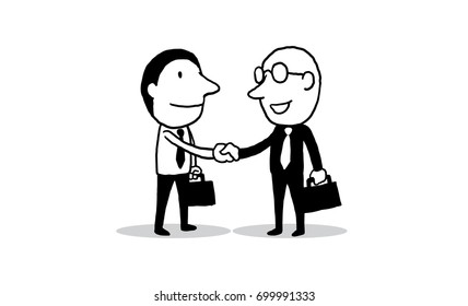 Hand Shake With Two Businessman.success Concept. Isolated Vector Illustration Outline Hand Drawn Doodle Line Art Cartoon Design Character.