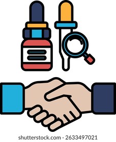 Una mano estrechando otra mano con una botella y una jeringa en el fondo. Concepto de colaboración y asociación