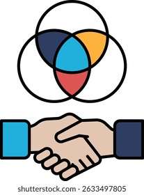 A hand shaking another hand with a circle in the background. The circle is a symbol of unity and collaboration
