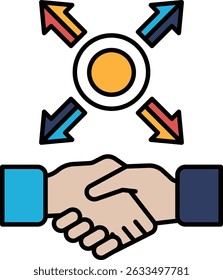 A hand shaking another hand with a circle in the middle. The circle is surrounded by arrows pointing in different directions