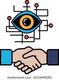 A hand shaking another hand with a computer chip in the background. Concept of collaboration and teamwork in the tech industry