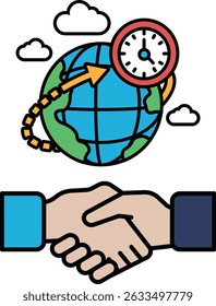 A hand is shaking another hand in front of a globe and a clock. Concept of global cooperation and the importance of time in achieving it
