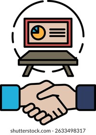 A hand shaking another hand in front of a table with a picture of a pie chart on it