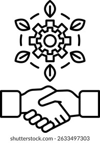 Eine Hand, die eine andere Hand mit einem Zahnrad im Hintergrund schüttelt. Die Ausrüstung ist von Blättern umgeben. Konzept der Zusammenarbeit und Teamarbeit