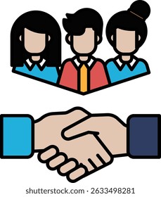 A hand shaking another hand with a group of people in the background. Concept of a business deal or agreement being made between two parties