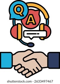 Uma mão apertando outra mão com o fone de ouvido à direita. O fone de ouvido é vermelho e amarelo. A imagem é sobre uma reunião de negócios ou um aperto de mão entre duas pessoas