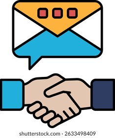 A hand shaking another hand with a large envelope in the background. The envelope is yellow and blue