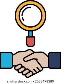 A hand shaking another hand with a magnifying glass in the middle. Concept of trust and collaboration