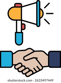 A hand shaking another hand with a microphone in the background. Concept of collaboration and communication
